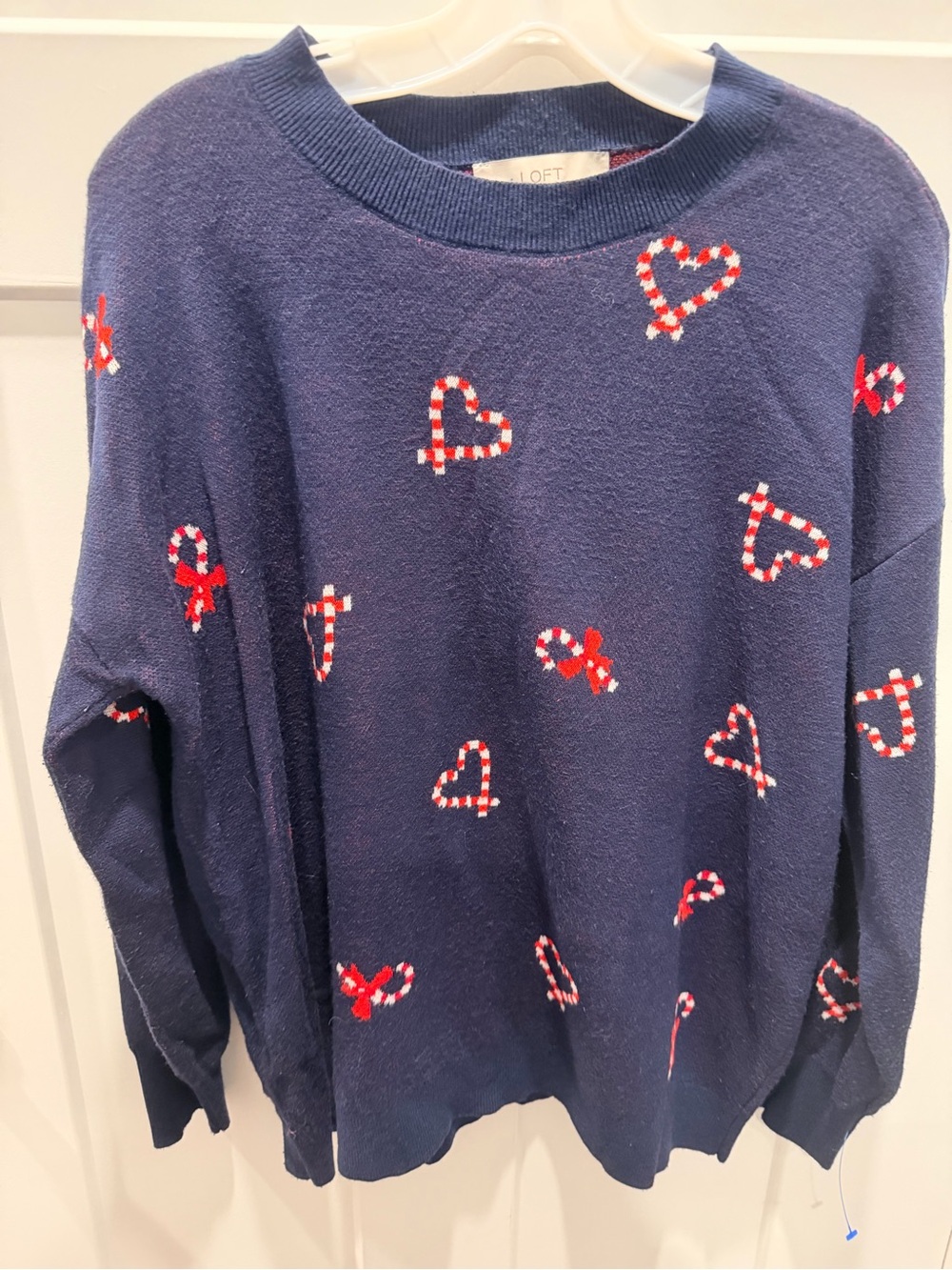 LOFT Navy Candy Cane Heart Christmas Sweater Women’s Large Holiday Novelty